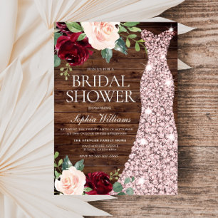 Rose Gold Dress Blush Red Rustic Bridal Shower Invitation
