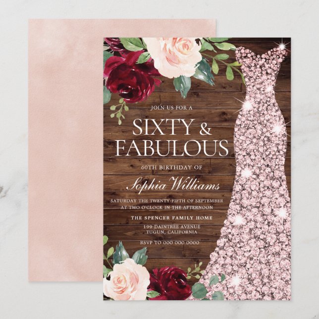Rose Gold Dress Blush Rustic 60th Birthday Party Invitation (Front/Back)