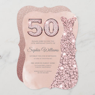 Rose Gold Dress Blush Watercolor 50th Birthday Invitation