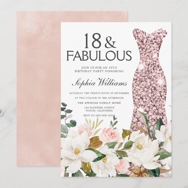 Rose Gold Dress Blush White 18th Birthday Party Invitation (Front/Back)
