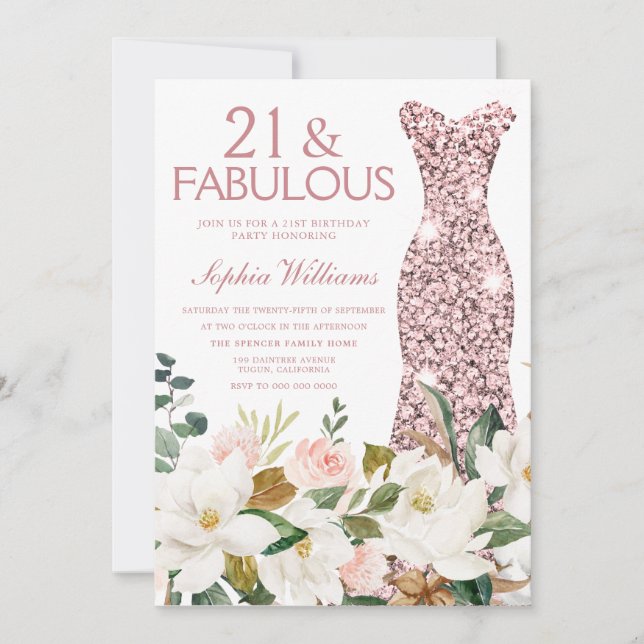 Rose Gold Dress Blush White 21st Birthday Party Invitation (Front)