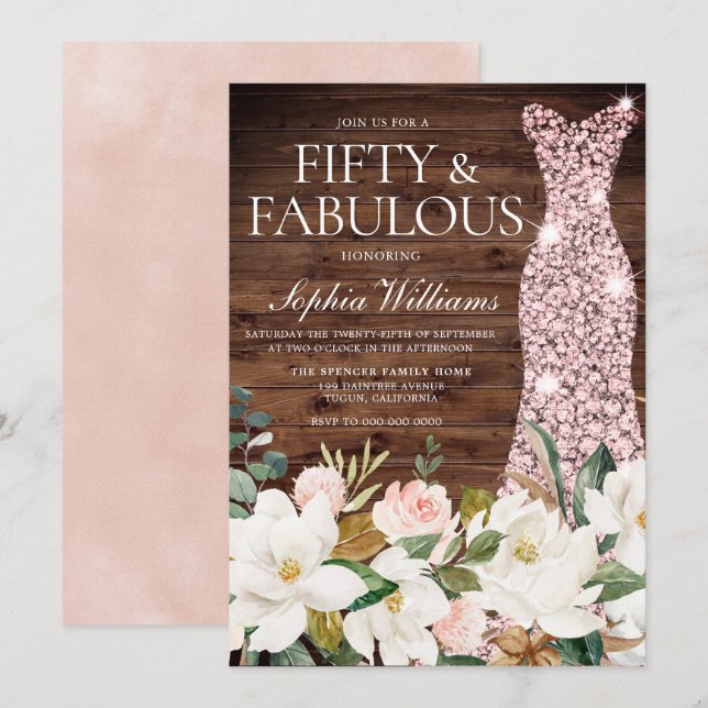 Rose Gold Dress Blush White Rustic 50th Birthday Invitation (Front/Back)