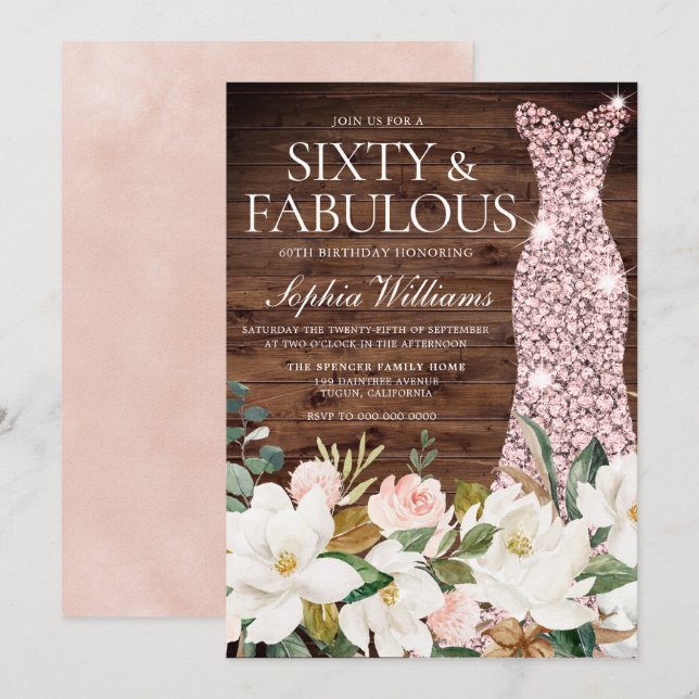 Rose Gold Dress Blush White Rustic 60th Birthday Invitation (Front/Back)