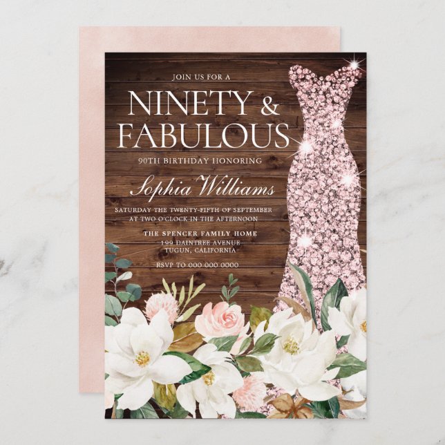 Rose Gold Dress Blush White Rustic 90th Birthday Invitation (Front/Back)
