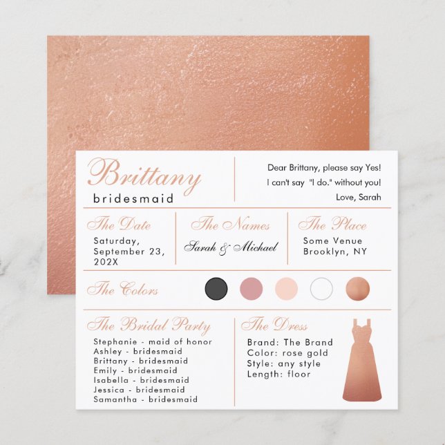 Rose Gold Dress Bridesmaid Information Card (Front/Back)