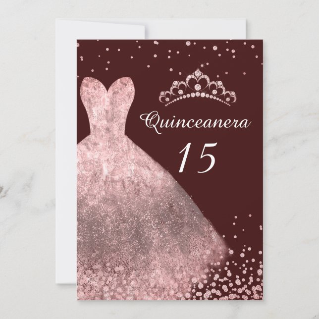 Rose Gold Dress Burgundy Quinceanera Party 15th Invitation (Front)