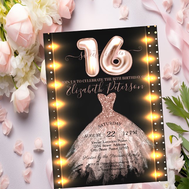 Rose Gold Dress Confetti Lights Sweet 16 Invitation (Creator Uploaded)