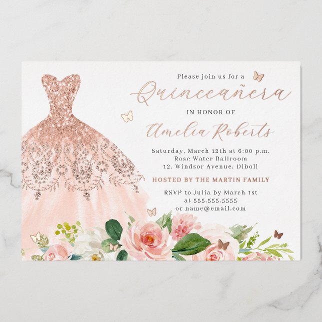 Rose Gold Dress Elegant Blush Floral Butterfly  (Front)