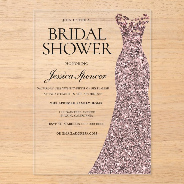 Rose Gold Dress Elegant Bridal Shower Acrylic Invitations (Front)