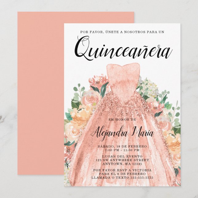 Rose Gold Dress Floral Quinceanera Spanish Invitation (Front/Back)