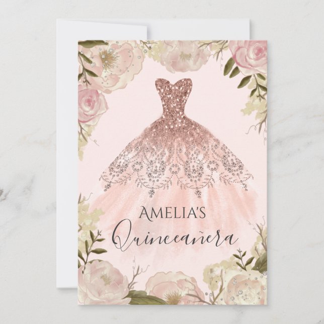 Rose Gold Dress Floral Rose Quinceanera Invite (Front)