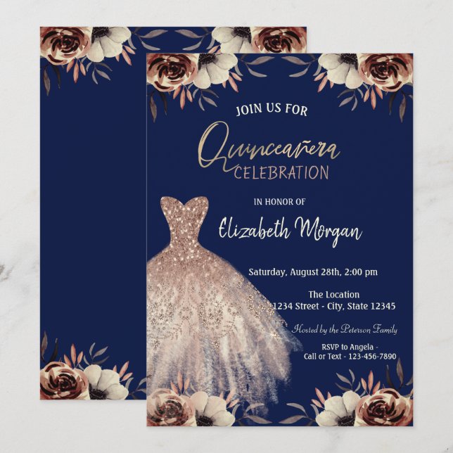 Rose Gold Dress Flowers Navy Blue Quinceañera   Invitation (Front/Back)