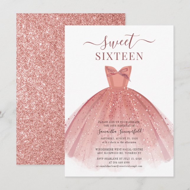 Rose Gold Dress Glitter Sweet 16 Birthday Invitation (Front/Back)