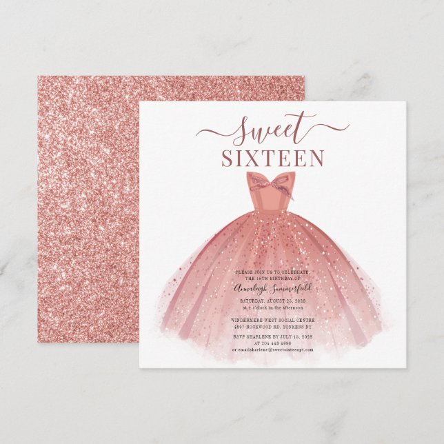 Rose Gold Dress Glitter Sweet 16 Birthday Invitation (Front/Back)