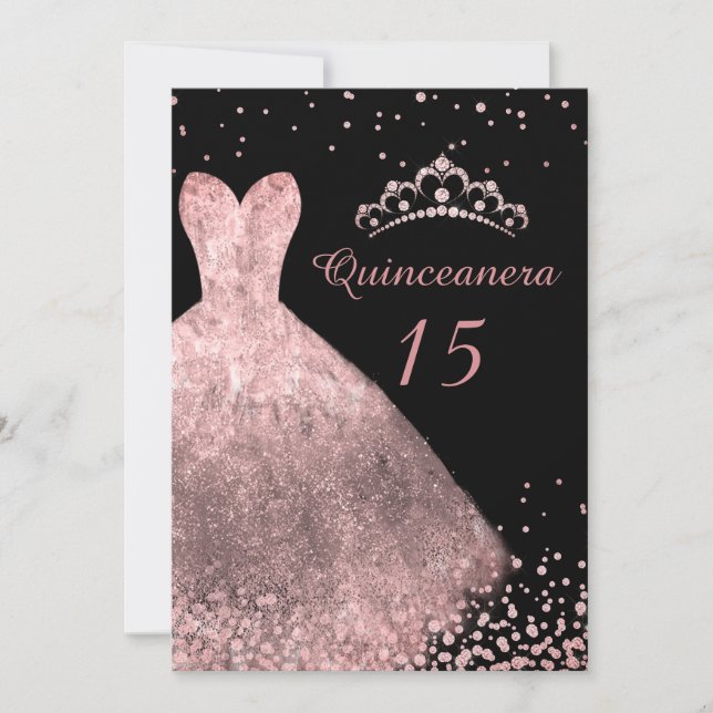 Rose Gold Dress Gown Black Quinceanera Party 15th Invitation (Front)