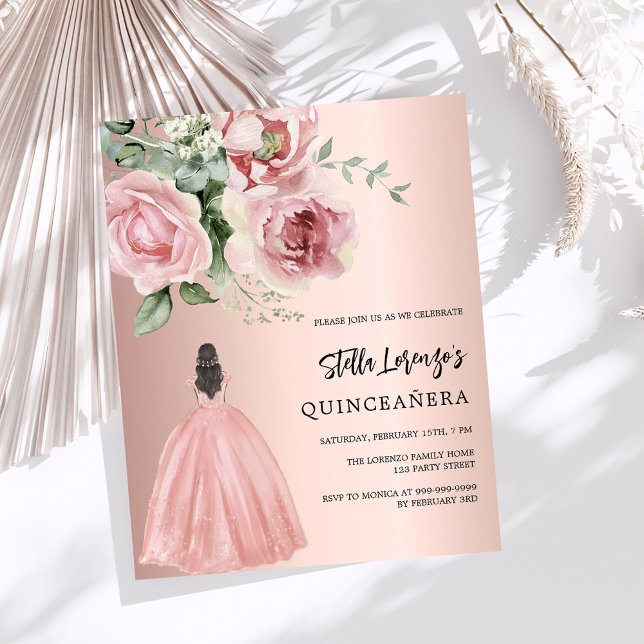 Rose gold dress pink floral Quinceanera invitation (Creator Uploaded)