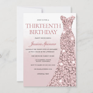 Rose Gold Dress Pink Girls 13th Birthday Party Invitation