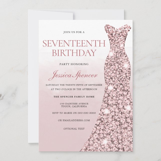 Rose Gold Dress Pink Girls 17th Birthday Party Invitation (Front)