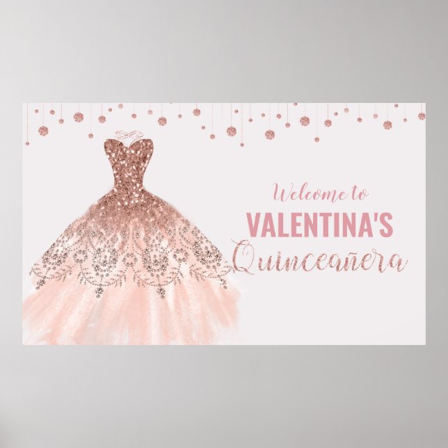 Rose Gold Dress Quinceañera 15th Birthday Backdrop Poster (Front)
