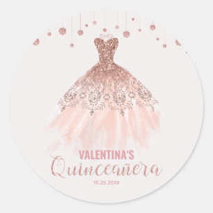 Rose Gold Dress Quinceañera 15th Birthday Favour Classic Round Sticker