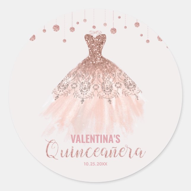 Rose Gold Dress Quinceañera 15th Birthday Favour Classic Round Sticker (Front)