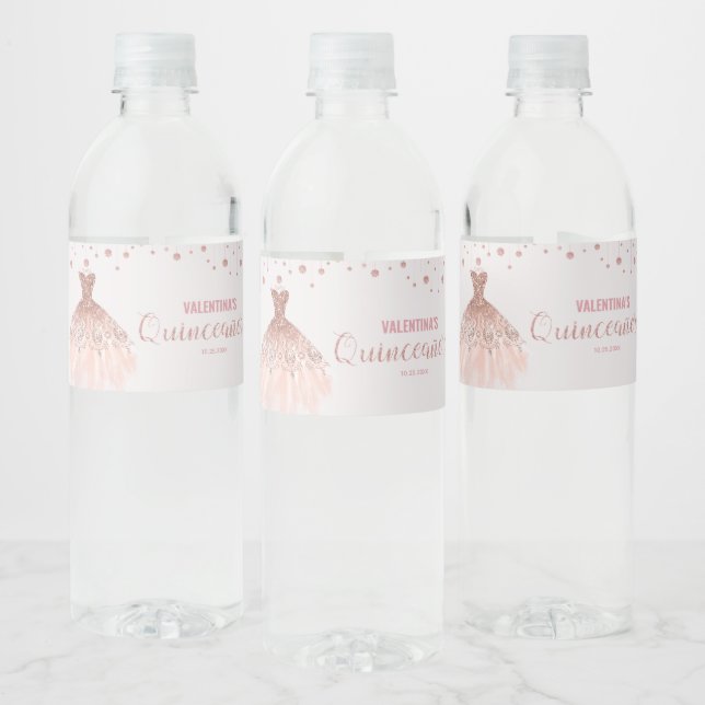 Rose Gold Dress Quinceañera 15th Birthday Favour Water Bottle Label (Bottles)