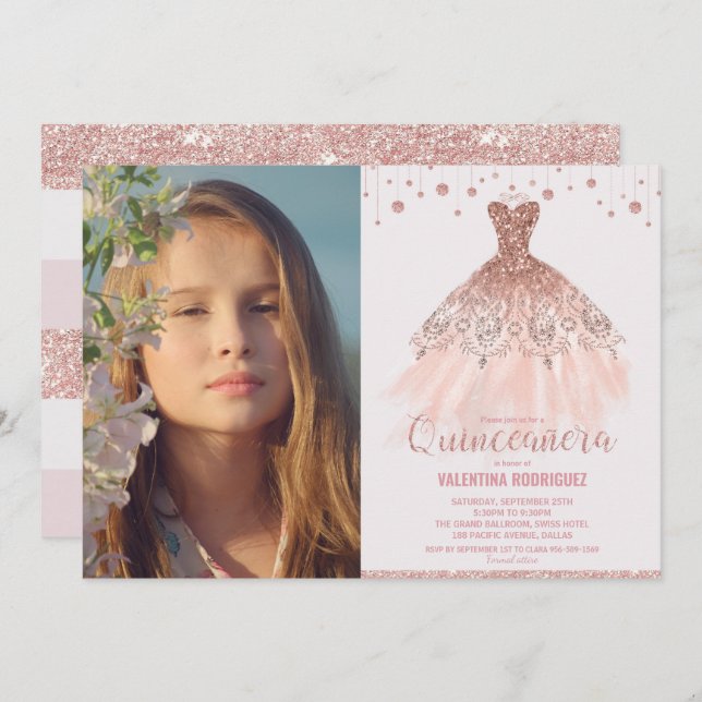 Rose Gold Dress Quinceañera 15th Birthday Photo Invitation (Front/Back)