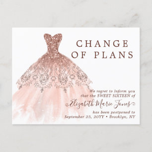 Rose Gold Dress Sweet 16 Birthday Change the Date Announcement Postcard