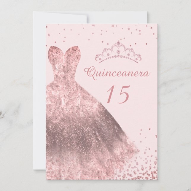 Rose Gold Dress & Tiara Quinceanera Party 15th Invitation (Front)