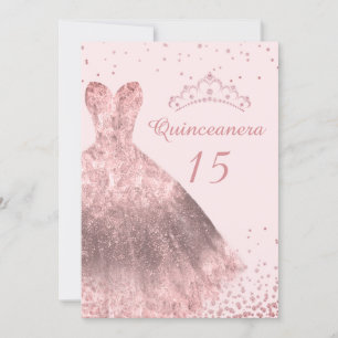 Rose Gold Dress & Tiara Quinceanera Party 15th Invitation