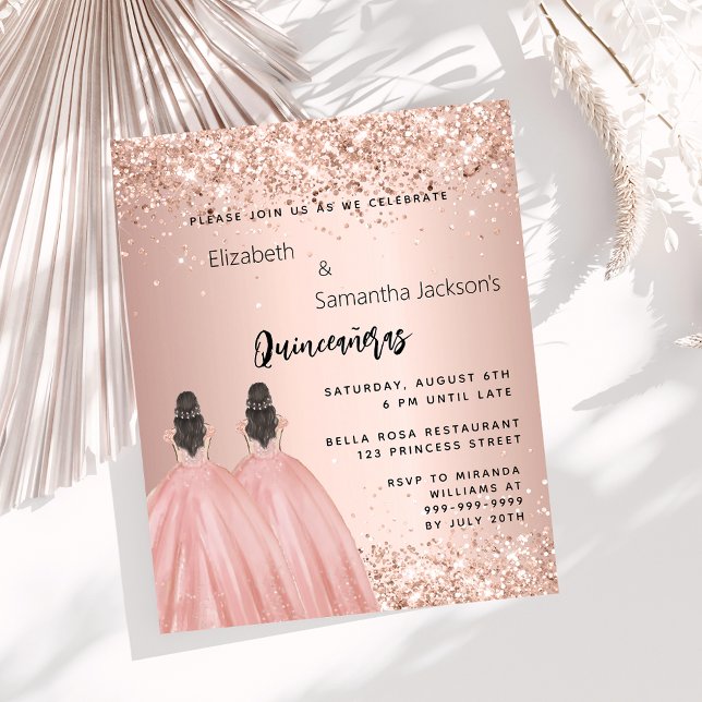 Rose gold dress twin Quinceanera budget invitation (Creator Uploaded)