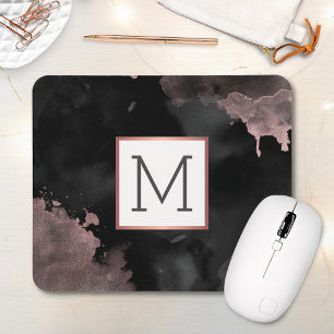 Rose Gold Drip Black Girly Monogram Mouse Mat