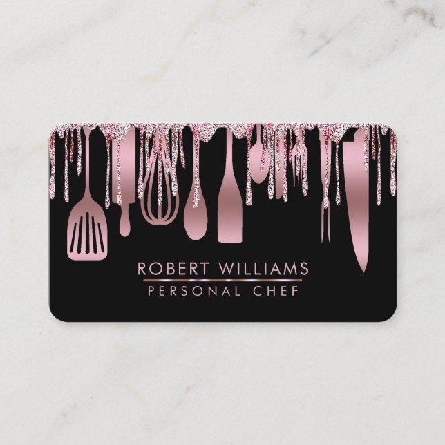 Rose Gold Drip Chef Catering Kitchen Utensils Business Card (Front)