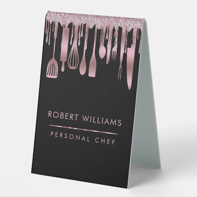 Rose Gold Drip Chef Kitchen Tools Glitter Faux Tab (Front)