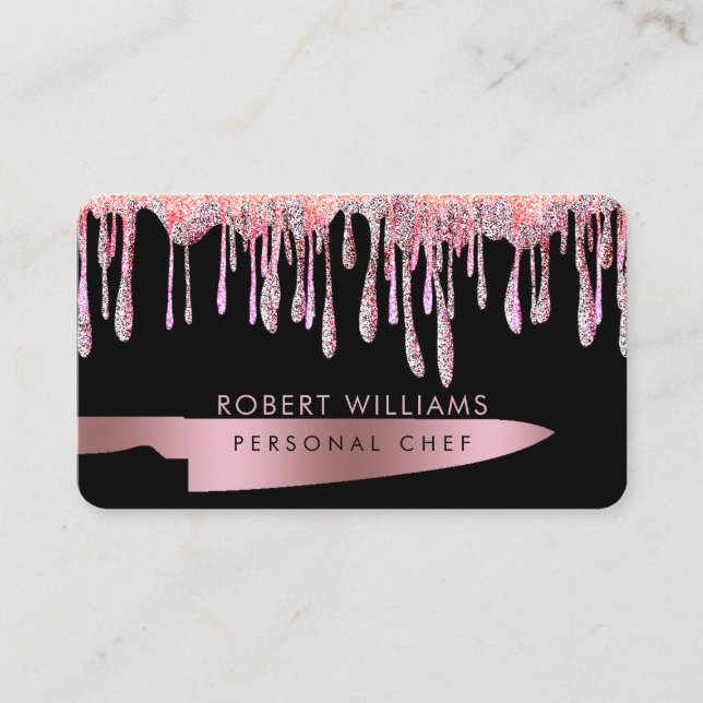 Rose Gold Drip Chef Kitchen Tools Knife Glitter Business Card (Front)