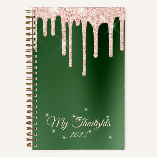 Rose Gold Drip Glitter Emerald Diary Custom Text Notebook (Front)