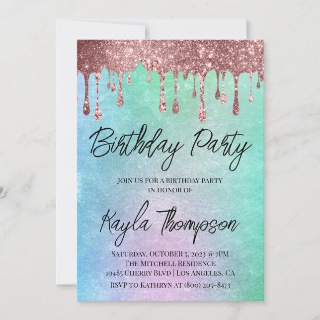 Rose Gold Drip Rainbow Birthday Party Invitation (Front)