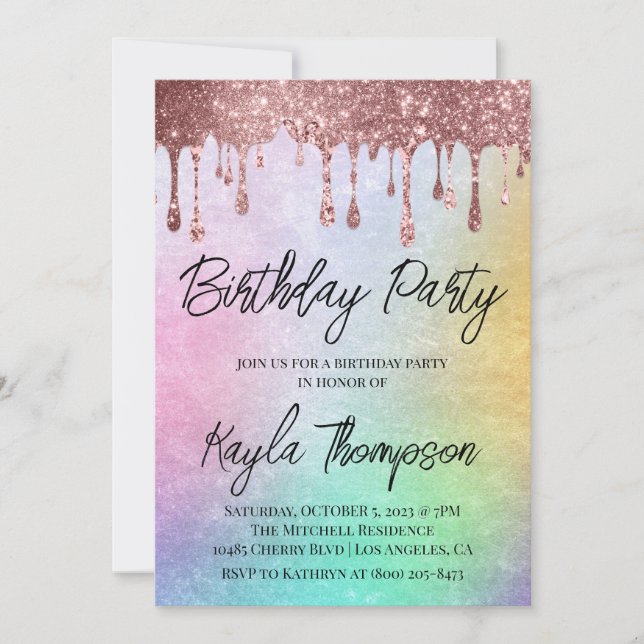 Rose Gold Drip Rainbow Birthday Party Invitation (Front)