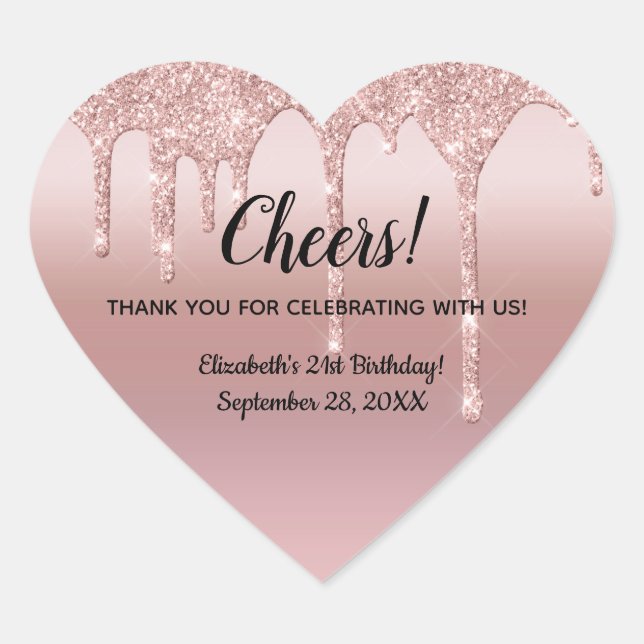 Rose Gold Dripping Glitter 21st Birthday  Heart Sticker (Front)