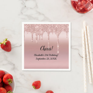 Rose Gold Dripping Glitter 21st Birthday Napkin