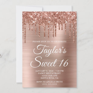 Rose Gold Dripping Glitter and Foil Sweet 16 Invitation