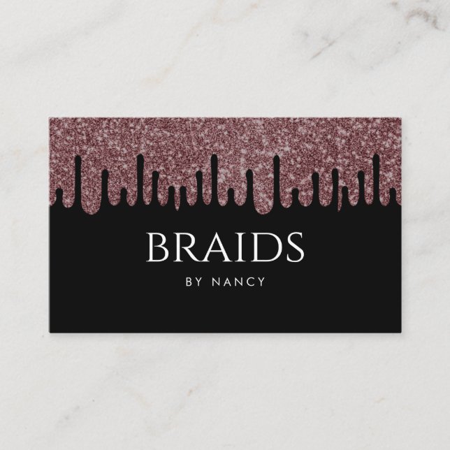 Rose Gold Dripping Glitter Braids Business Card (Front)