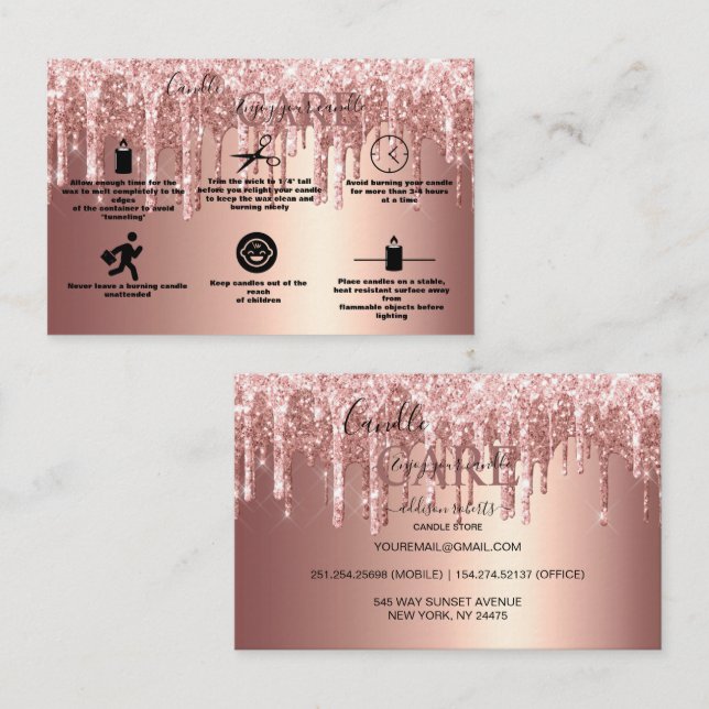 Rose Gold Dripping Glitter Candle Care    Business Business Card (Front/Back)
