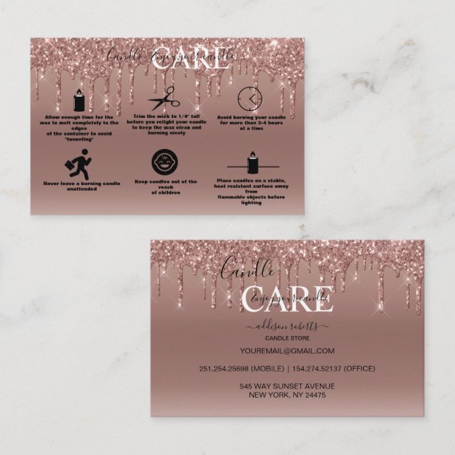 Rose Gold Dripping Glitter Candle Care  Business C Business Card (Front/Back)