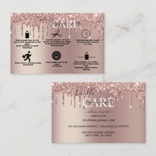Rose Gold Dripping Glitter Candle Care   Business Card (Front/Back)