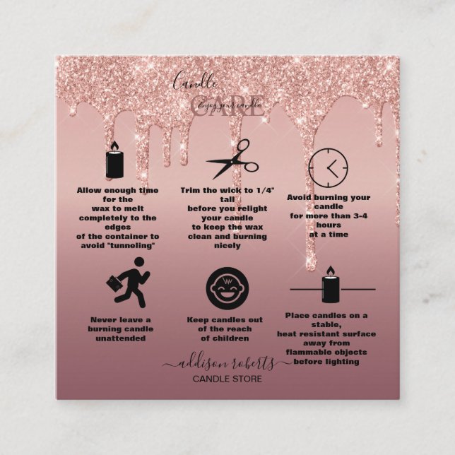 Rose Gold Dripping Glitter Candle Care   Square Business Card (Front)