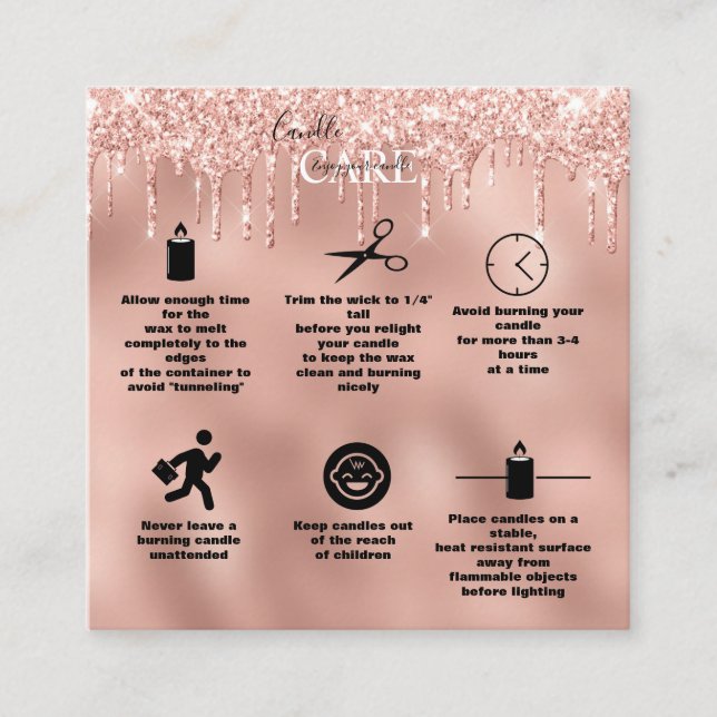 Rose Gold Dripping Glitter Candle Care     Square  Square Business Card (Front)
