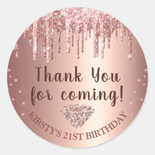 Rose Gold Dripping Glitter & Diamond Birthday Classic Round Sticker
