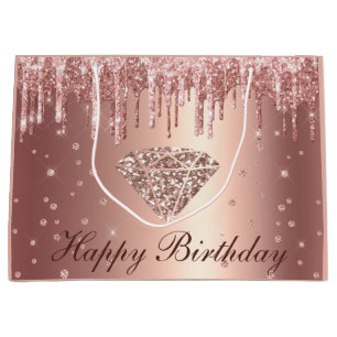 Rose Gold Dripping Glitter & Diamond Birthday Large Gift Bag