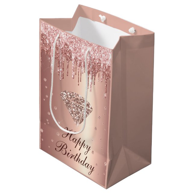 Rose Gold Dripping Glitter & Diamond Birthday Medium Gift Bag (Front Angled)